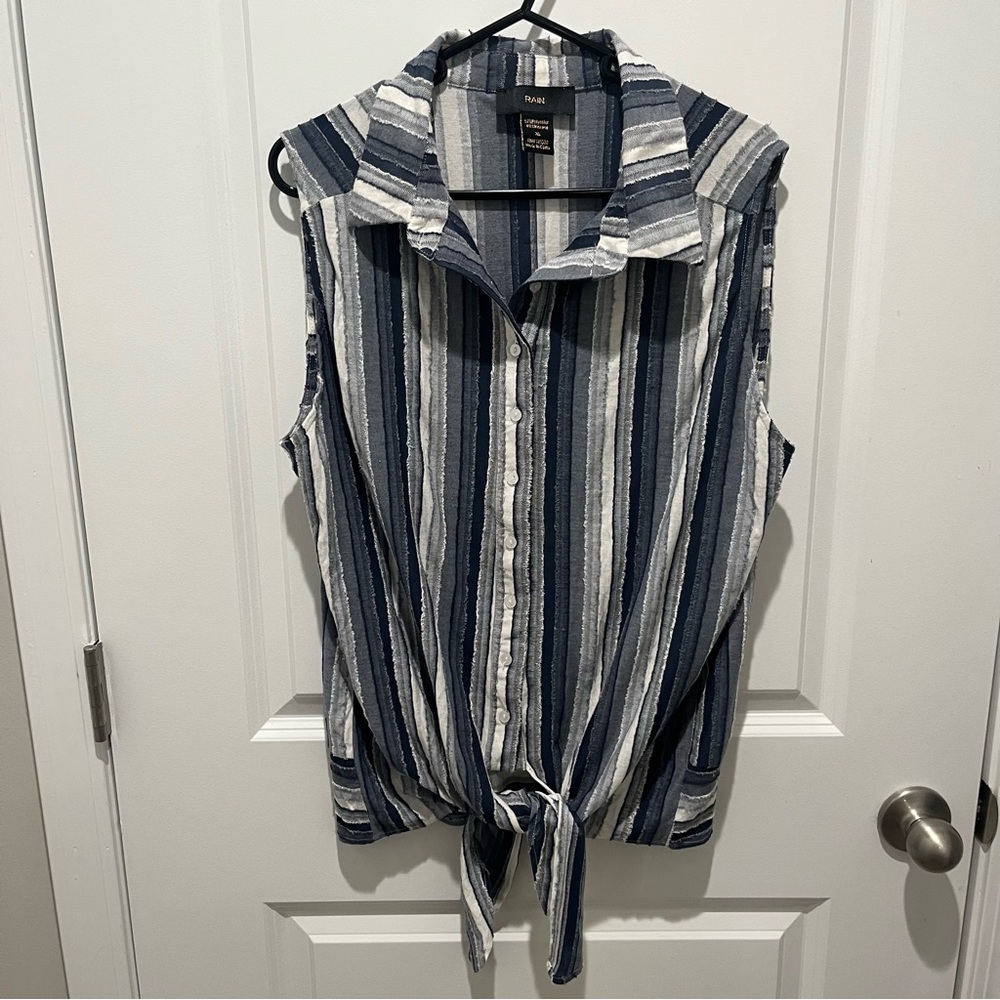 Rain Blue, Gray & White Striped Patchwork Sleeveless Shirt W/ Tie in the Front